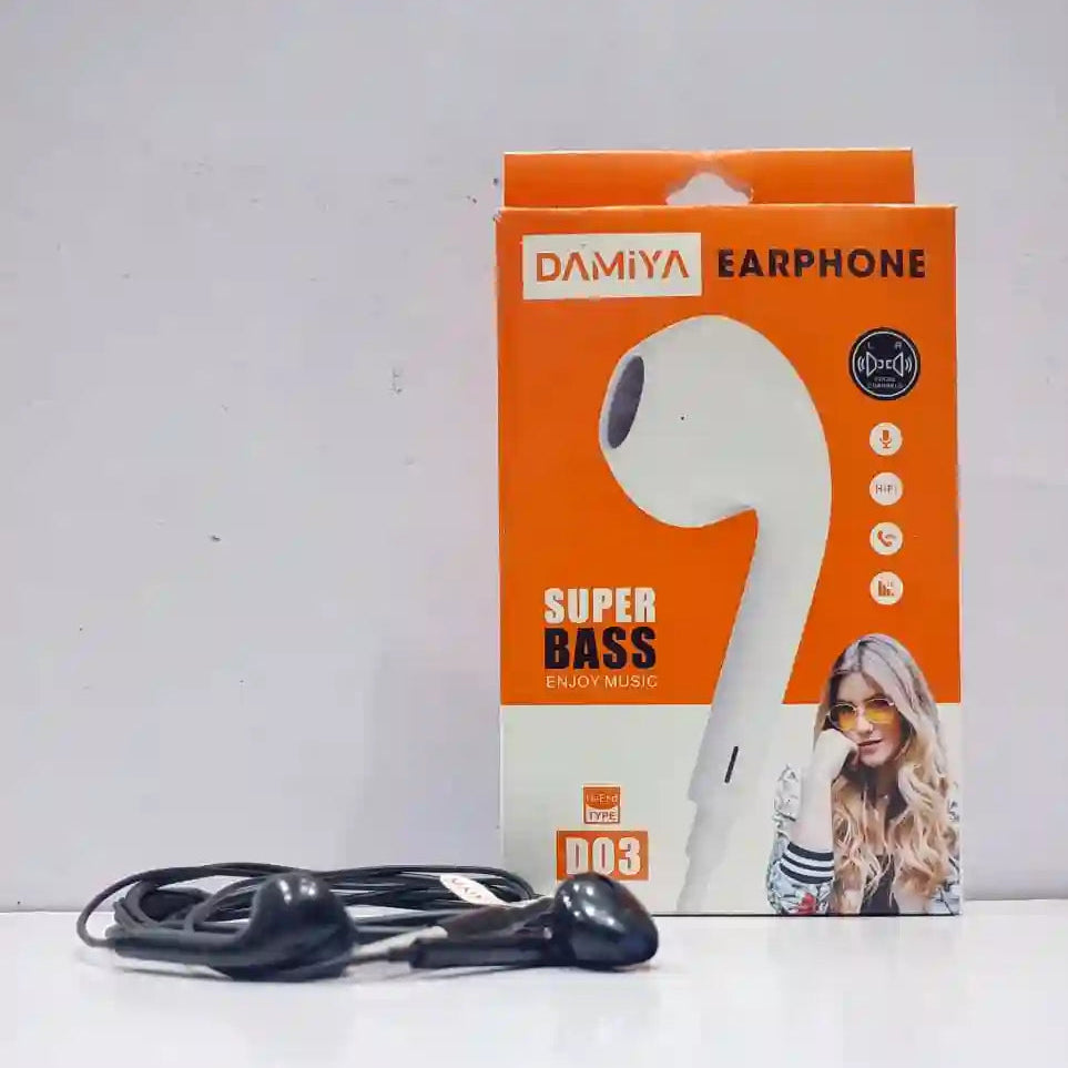 DAMIYA D02 Stereo Wired Earphones – HD Sound | Built-in Mic | 3.5mm | Gaming & Music