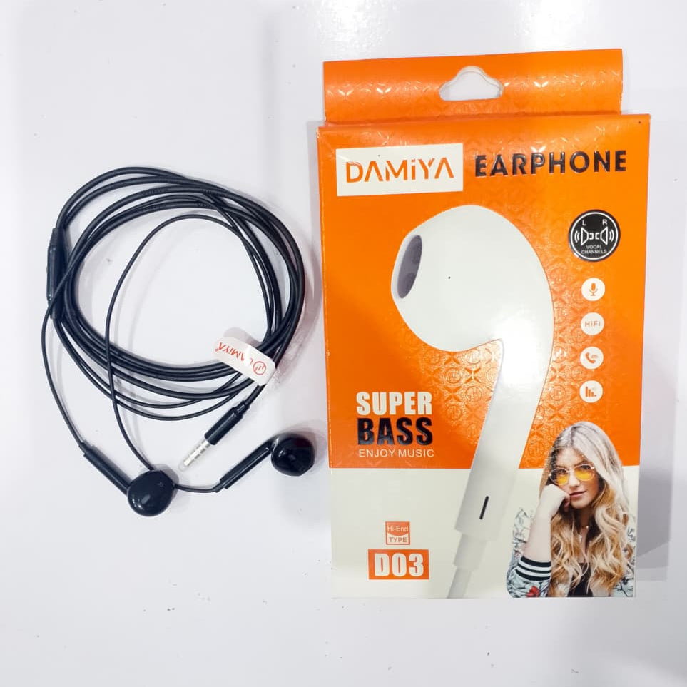 DAMIYA D02 Stereo Wired Earphones – HD Sound | Built-in Mic | 3.5mm | Gaming & Music