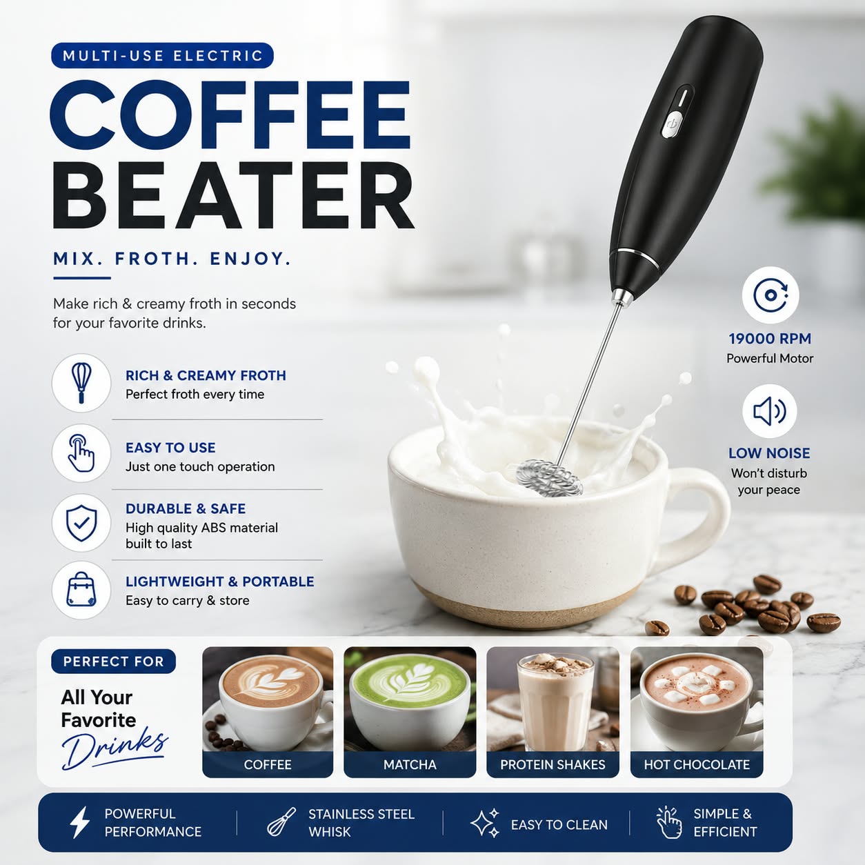 Multi-Use Electric Coffee Beater ABS Plastic Multicolor.